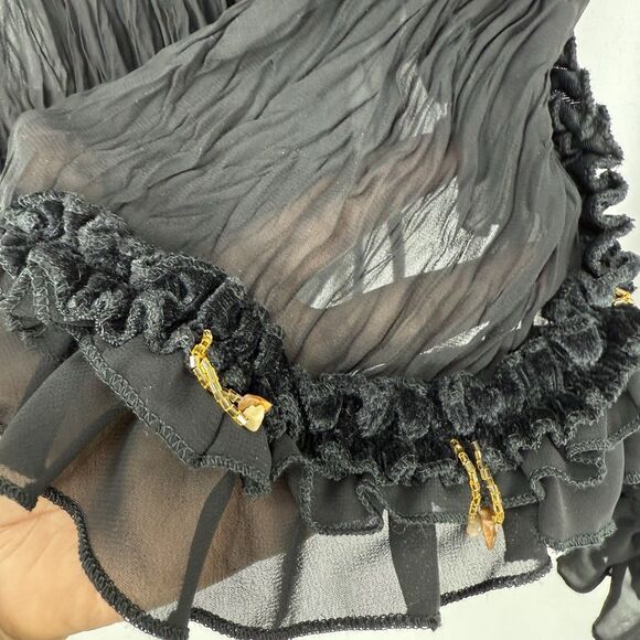 Lucy Collection Black Sheer Ruffle Beaded Tie Front Blouse Top S/M Boho Party - Picture 16 of 16